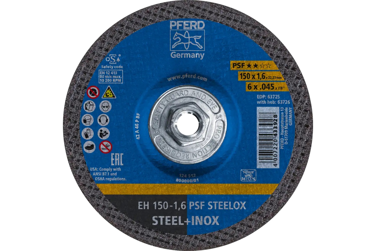 Picture of Pferd Cut-Off Wheel, 6" X .045 X 5/8-11, Psf Steelox, T27, Aluminum Oxide